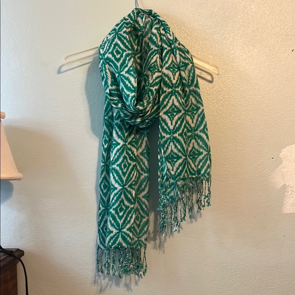 Teal and White Patterned Scarf